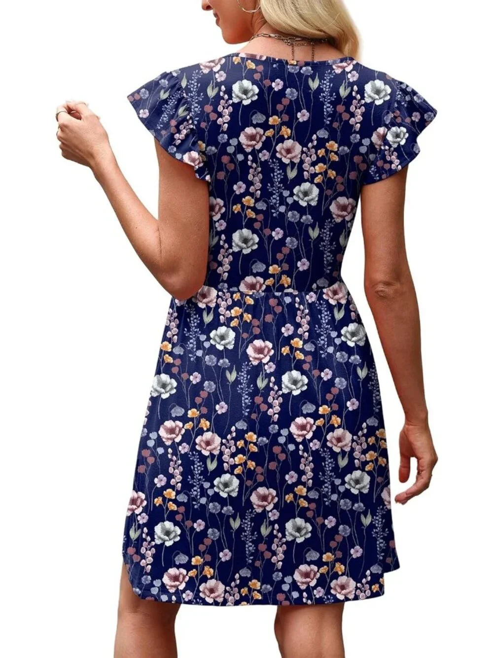 Women's Floral Navy Blue Ruffle Sleeve Baby Doll V Neck Imported Causal Dress